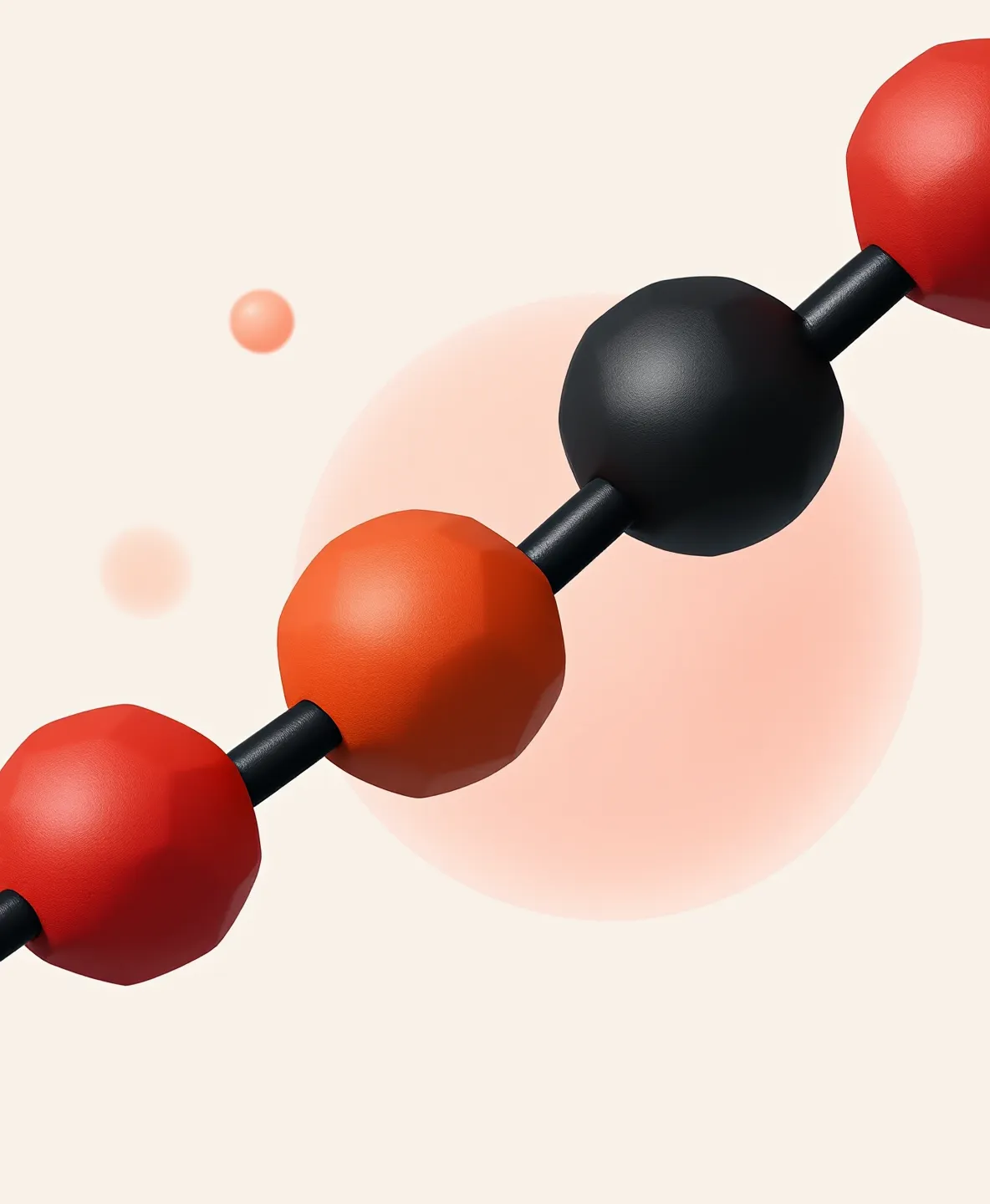 Bold editorial illustration of an abstract three-bead peptide motif in vermillion, orange and black on warm off-white